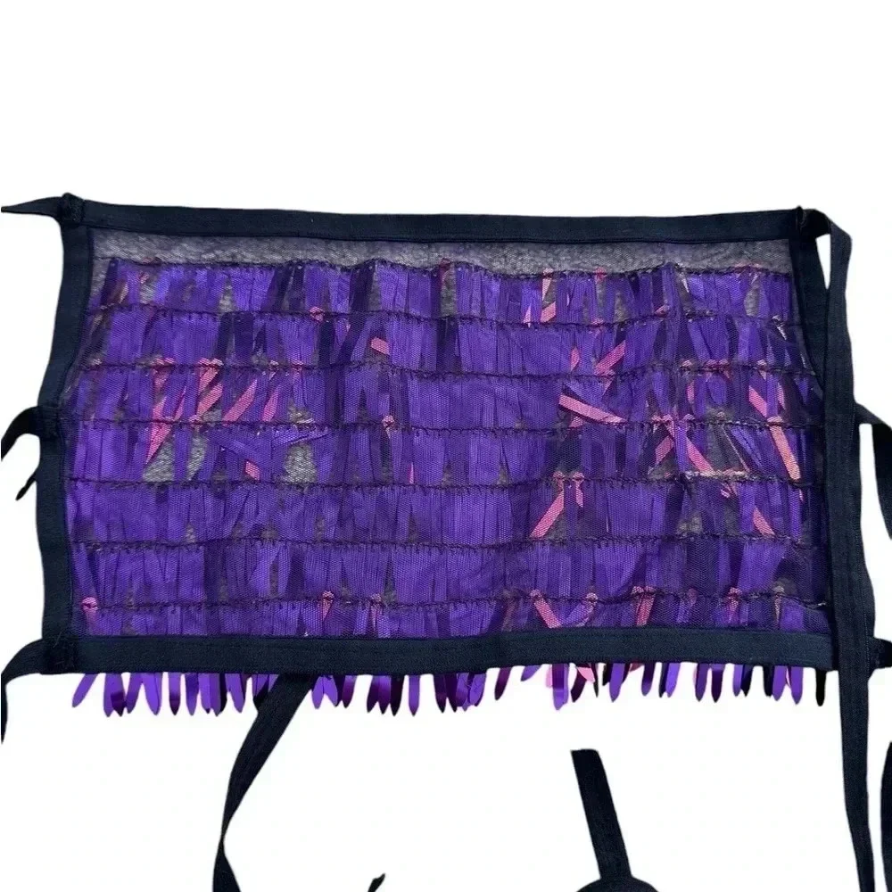 Purple Iridescent Sword Sequins Crop Top Dangling on Purple Mesh Fabric